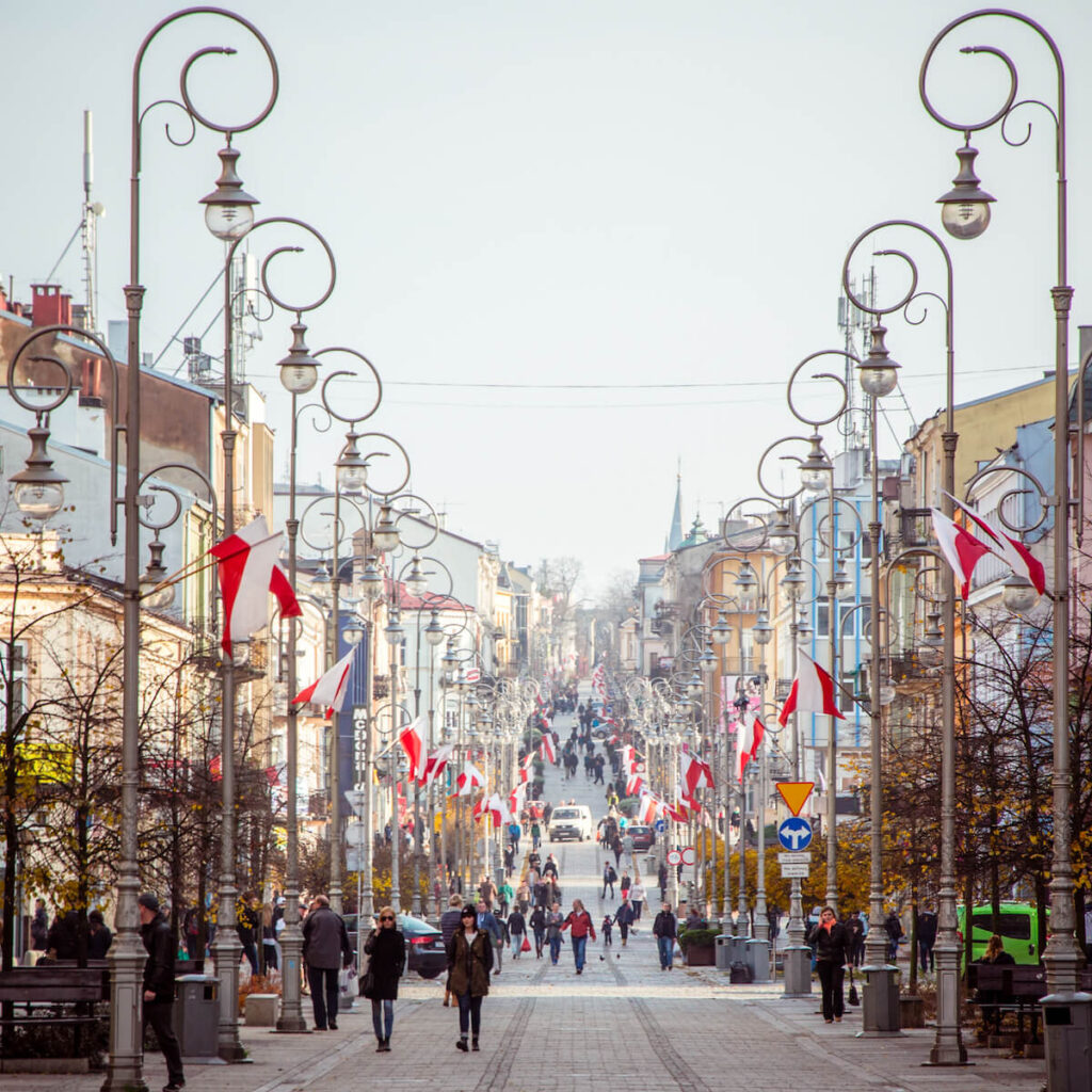 Main street in Kielce decorated for the Independence Day