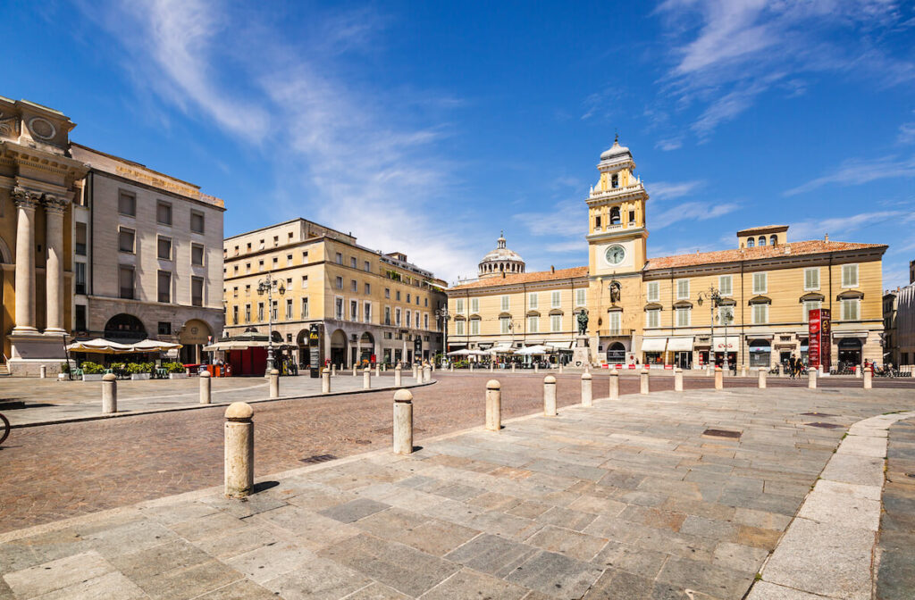 empty Piazza Giuseppe Garibaldi in the center of Parma, Italy