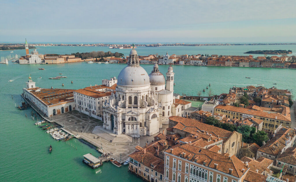 Aerial view of Basilica di Santa Maria della Salute in Venice
