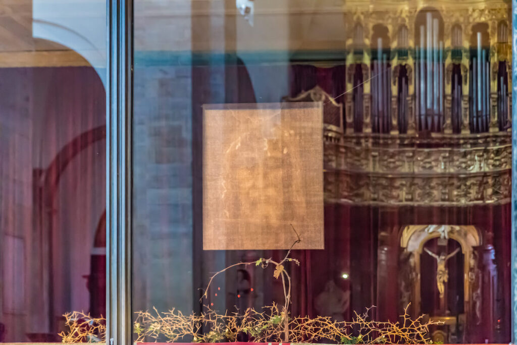 Turin Shroud is protected by bulletproof glasses in the Cathedral of Turin, Italy