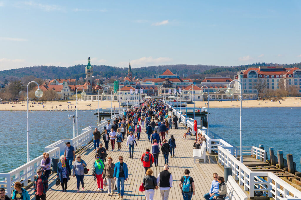 Crowds of tourists at the pier in Sopot