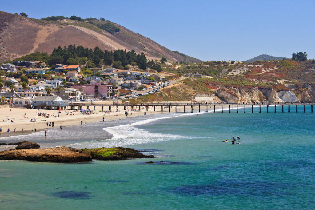 wide shot of Avila beach, located south of San Luis Obispo and right off Pacific Coast Highway