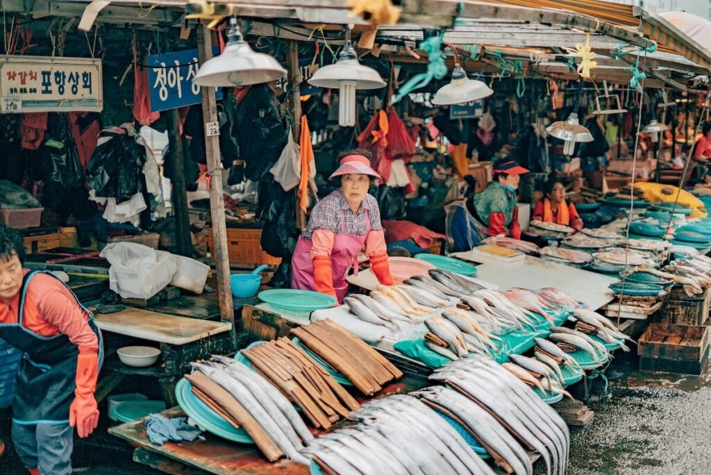 Ladies selling seafood and other products in Jagalchi Market