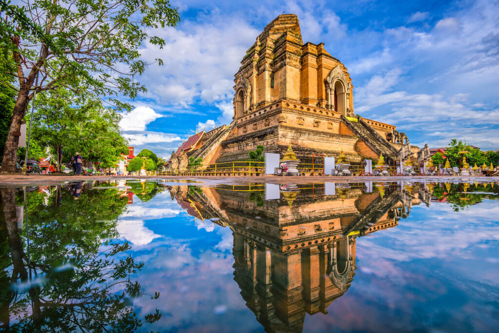 Wat Chedi Luang and pond in Chiang Mai, Thailand