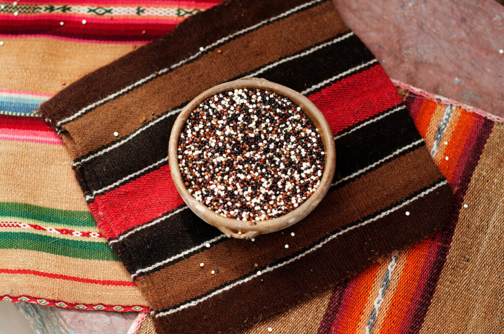 black quinoa in a bowl on top of patterned fabrics