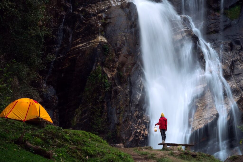 camping at at Mae Tear waterfall near Doi Inthanon in Chiang Mai, Northern, Thailand