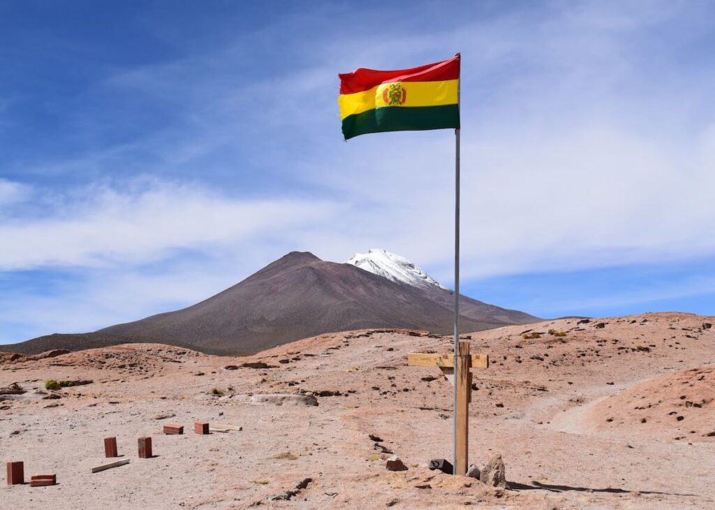 mountainous landscape and flag in bolivia