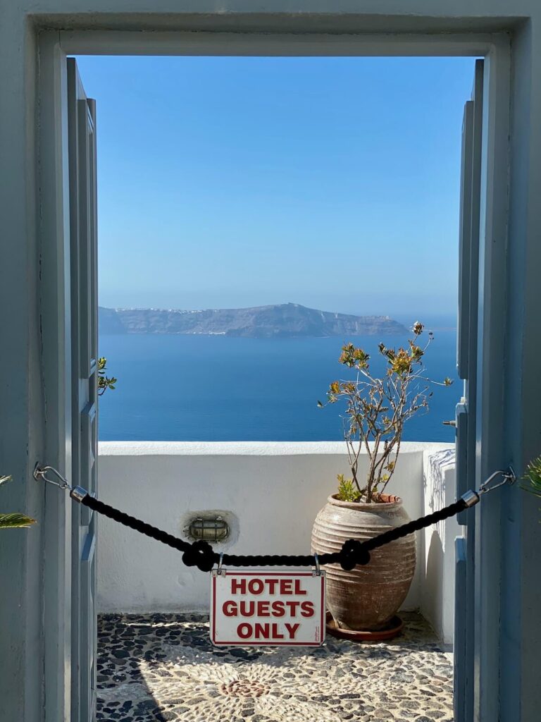 balcony of a hotel in in Santorini, Greece