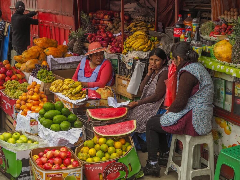 indigenous women talking at bolivian market