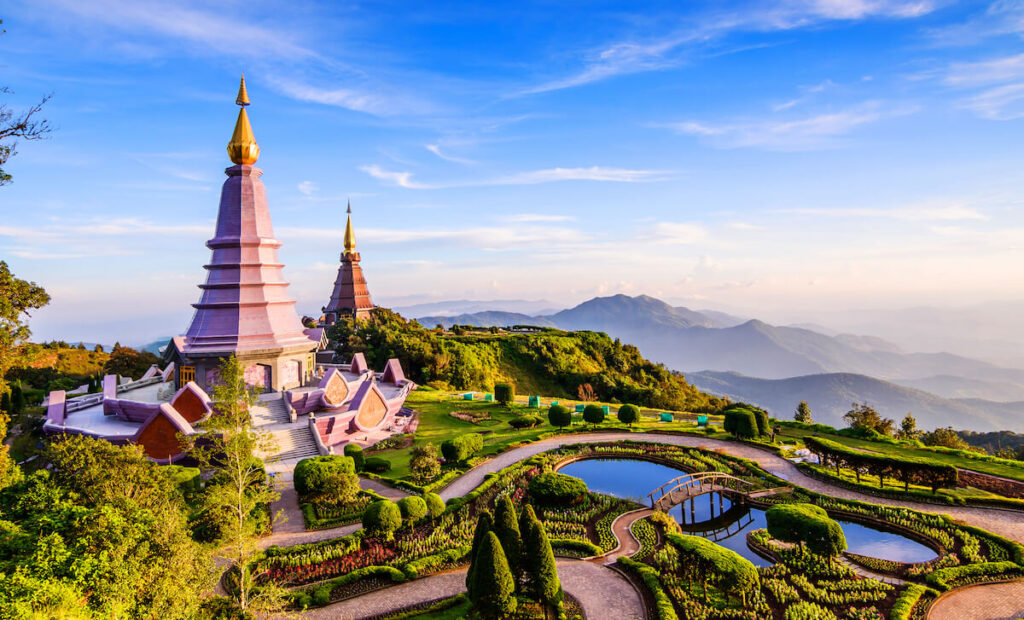 Landscape of two pagodas on the top of Inthanon mountain, Chiang Mai, Thailand
