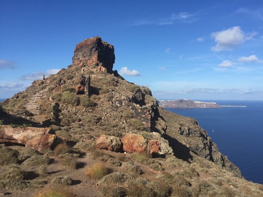 view of Skaros Rock in Santorini, Greece