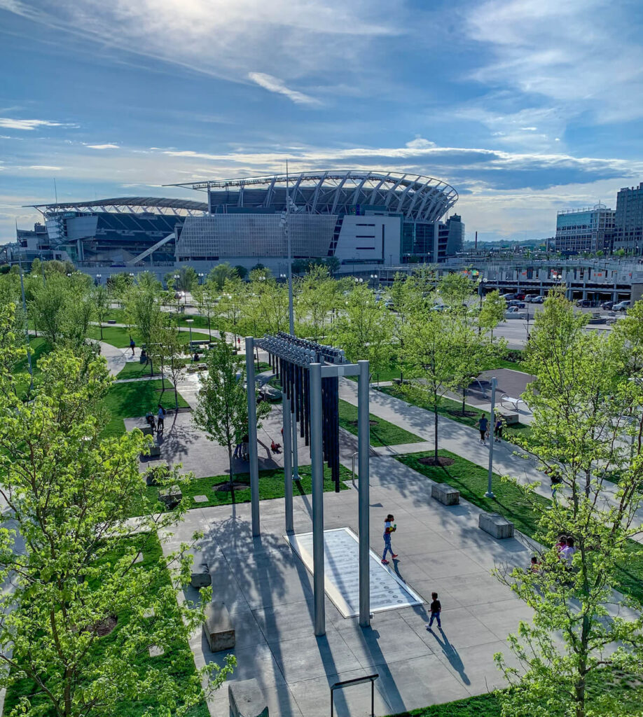 The Smale Riverfront Park with the Paul Brown Stadium on the background