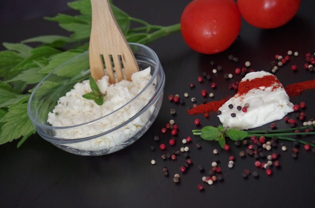 Crumbled white cheese in bowl