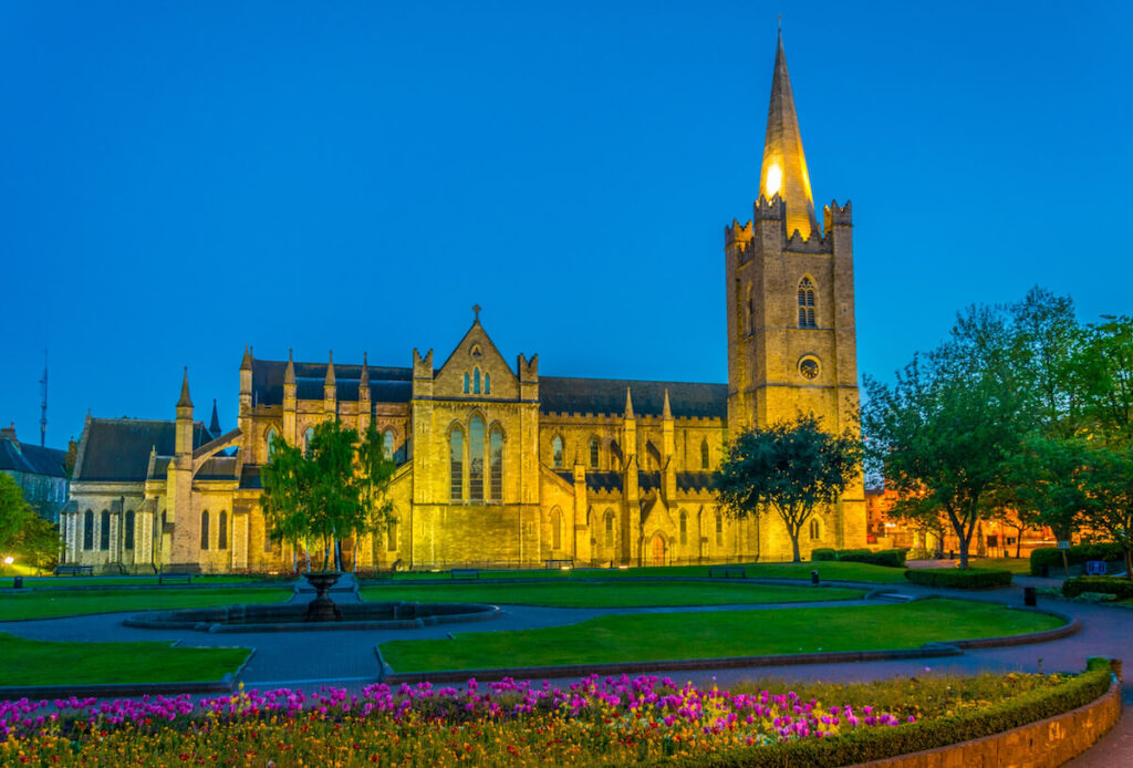 Night view of the St. Patrick's Cathedral in Dublin, Ireland