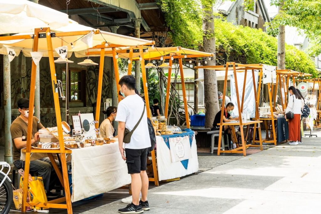 Tourists visiting the stalls at the Huashan 1914 Creative Park in Taipei, Taiwan