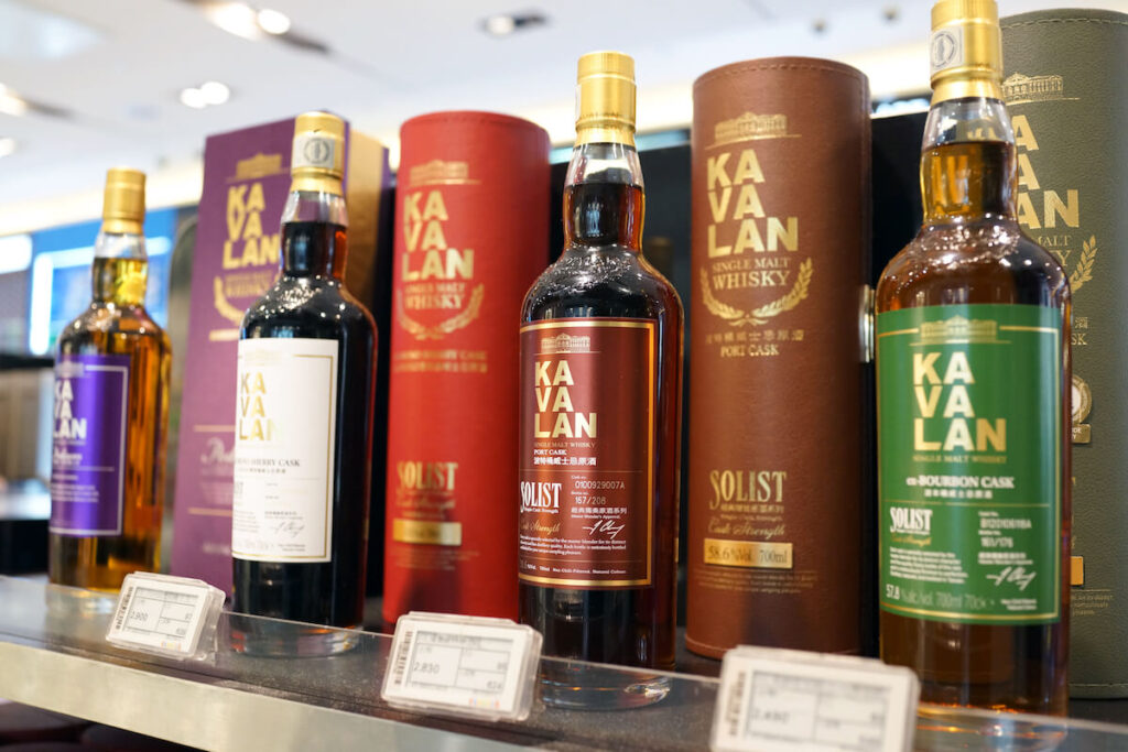 Kavalan whisky bottles on store shelf in Taoyuan Airport