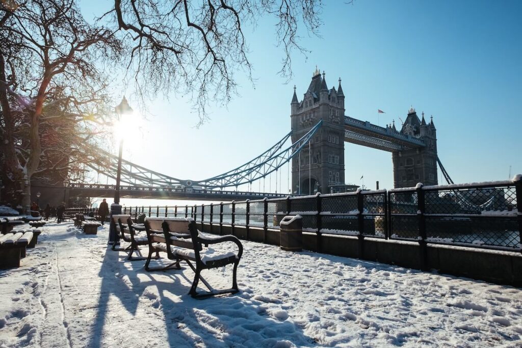 tower bridge on snowy day