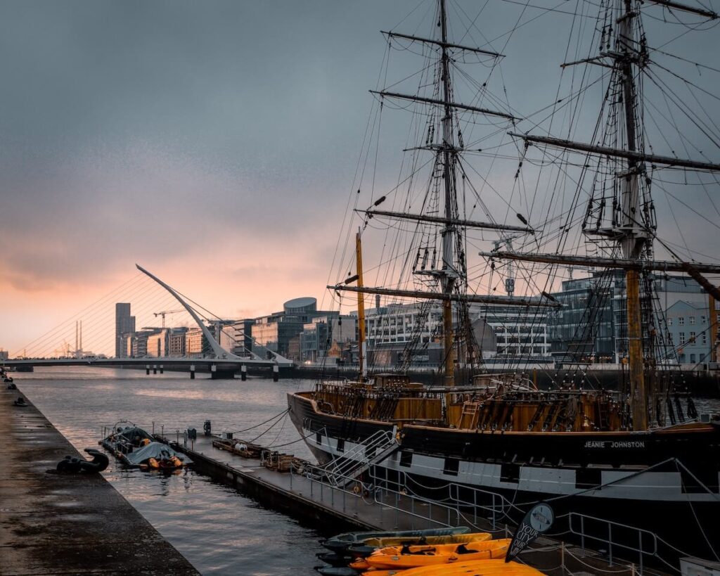 Jeanie Johnston boat on the River Liffey in Dublin at sunrise