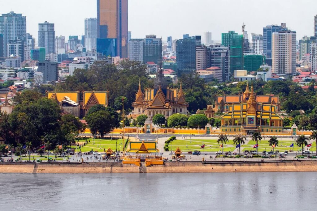 panoramic view of the Royal Palace and skyscrapers in Phnom Penh, Cambodia