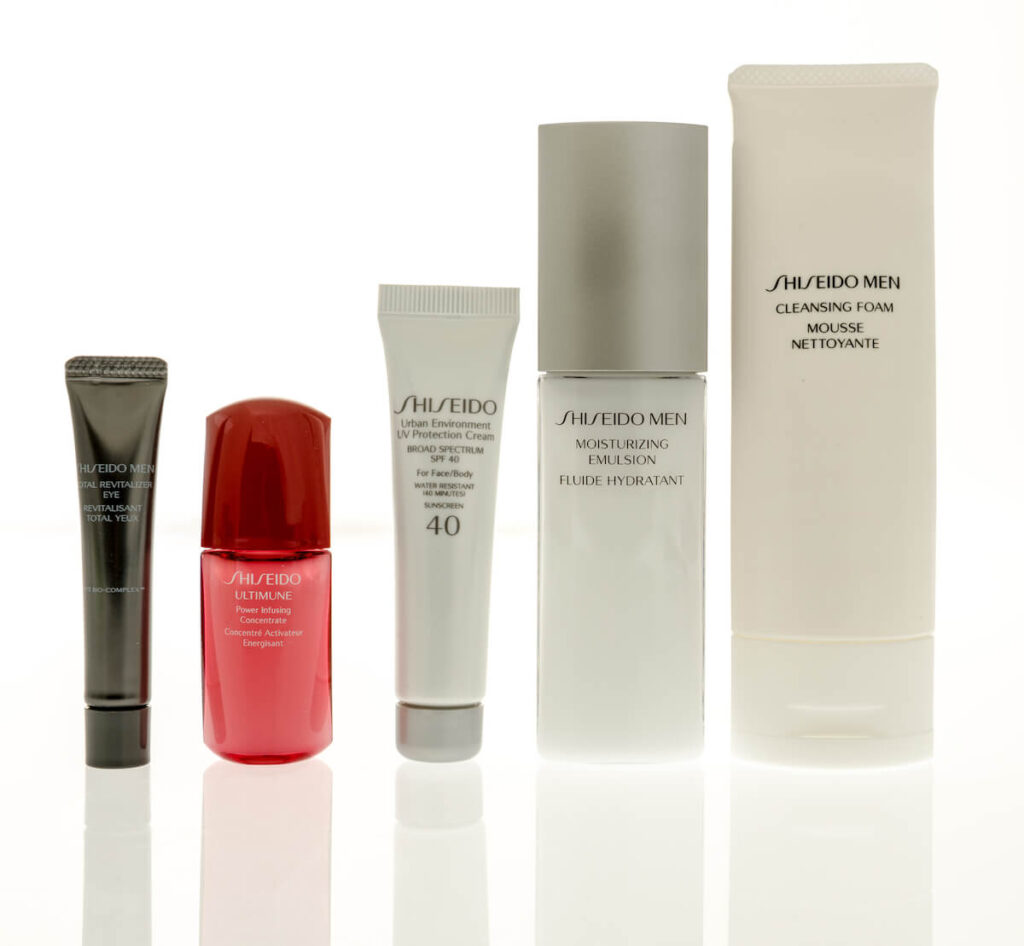 A collection of Shiseido products for men on an isolated background