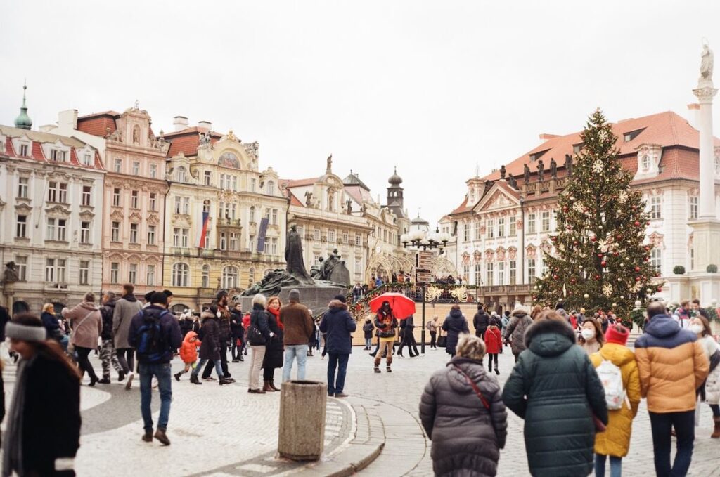 busy prague square at christmas season