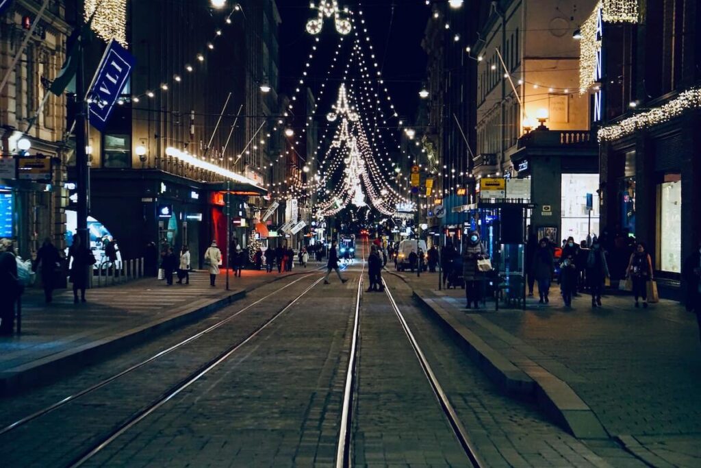 Christmas lights over snowy street in Helsinki