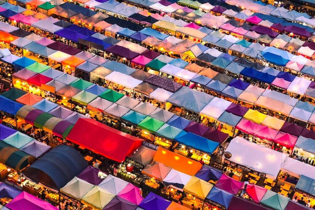 aerial photography of colorful tents in Ratchada Market, Thailand