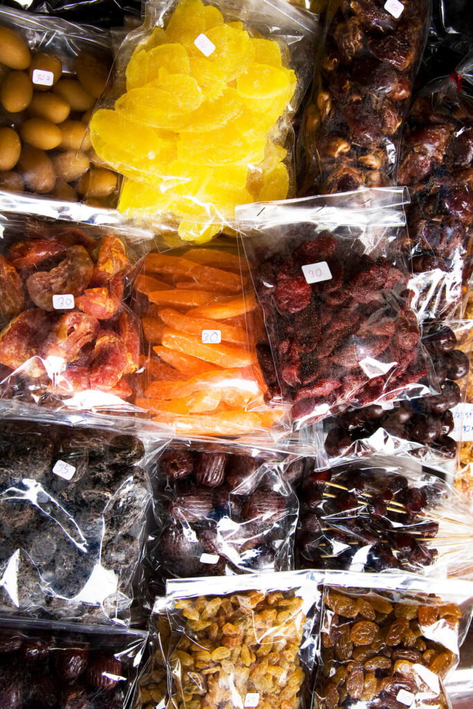 Dried fruits in plastic bags