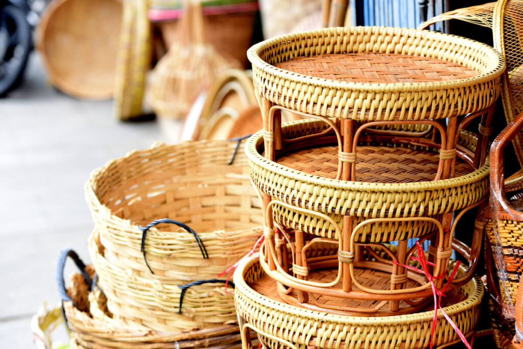 various rattan goods in a market