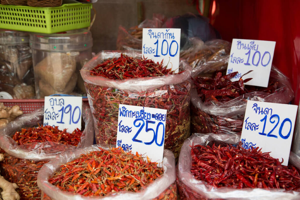 Dried chilies for sale at a market in Thailand