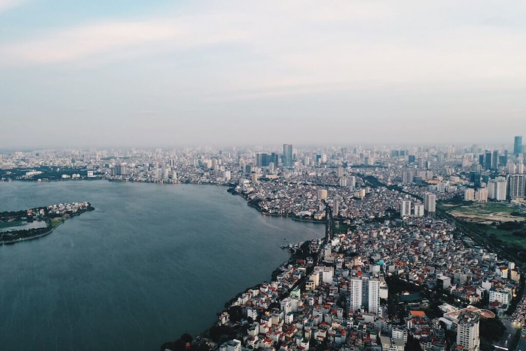 aerial view of Hanoi neighborhoods and lake