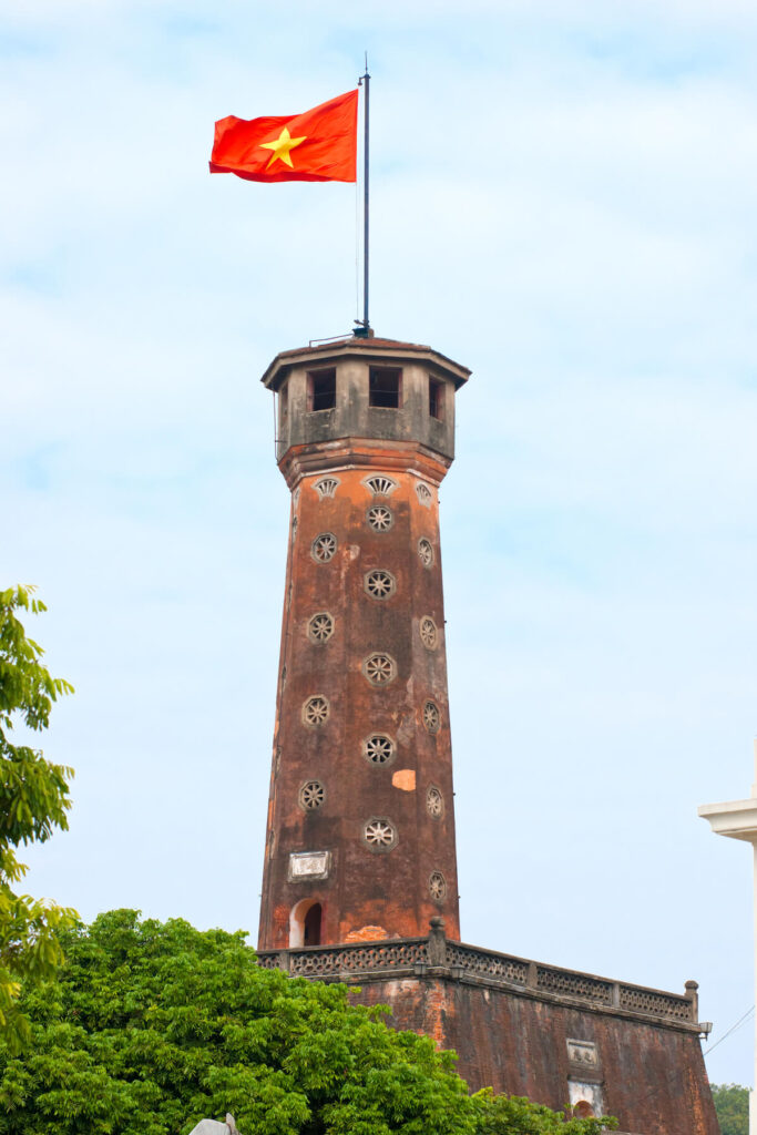 Vietnamese flag flying over Hanoi Flag Tower