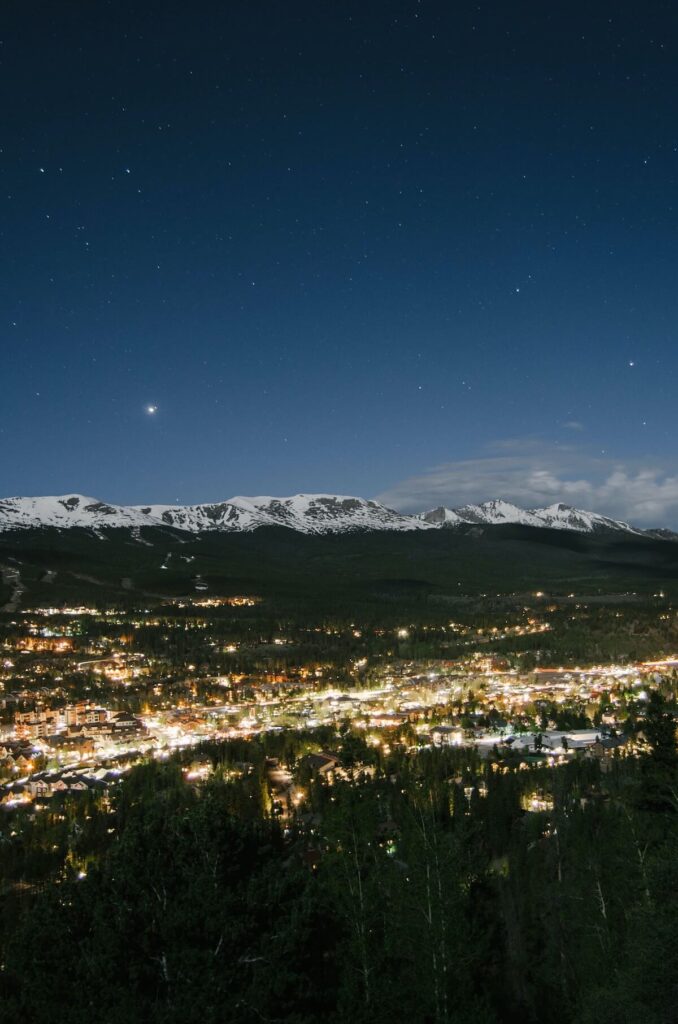 Mountain town of Breckenridge lit up at night