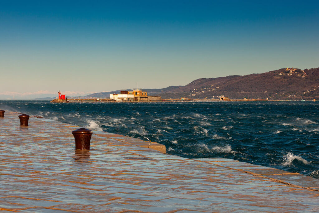 View of the Bora wind from Audace pier in Trieste