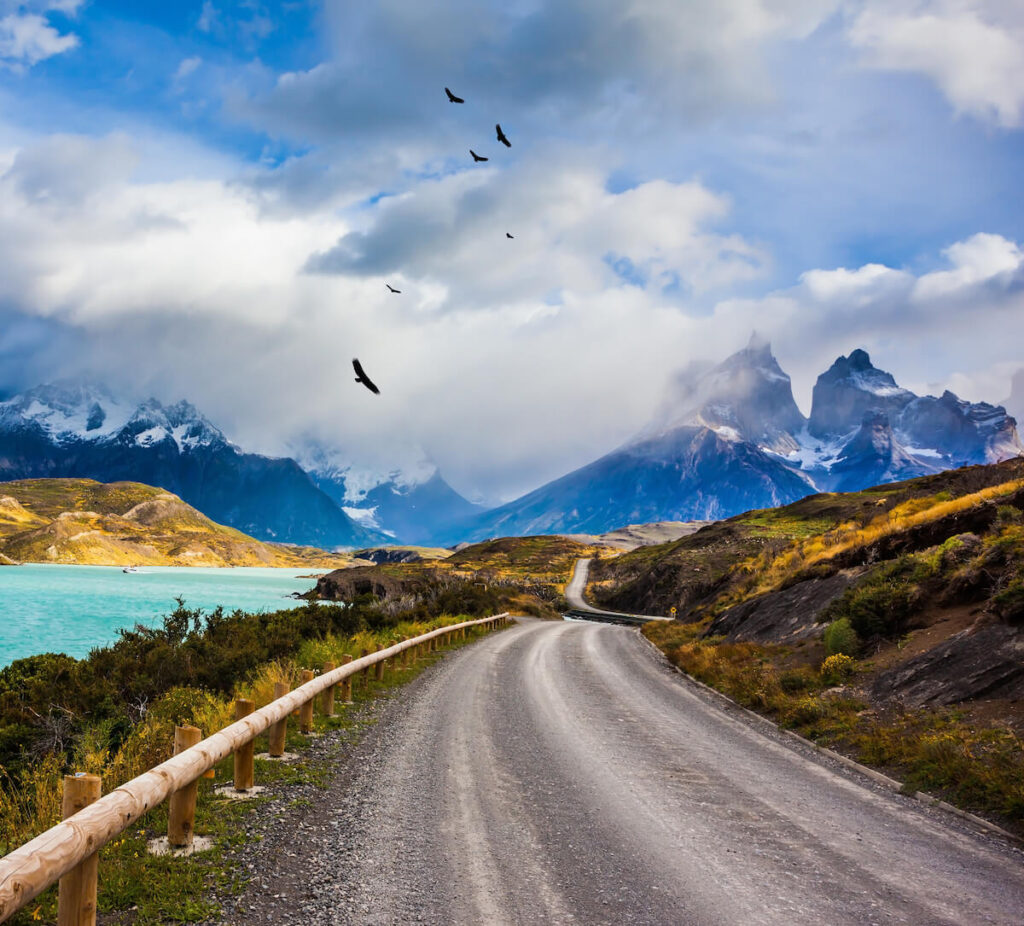 road around Lake Pehoe leading to Torres del Paine National Park