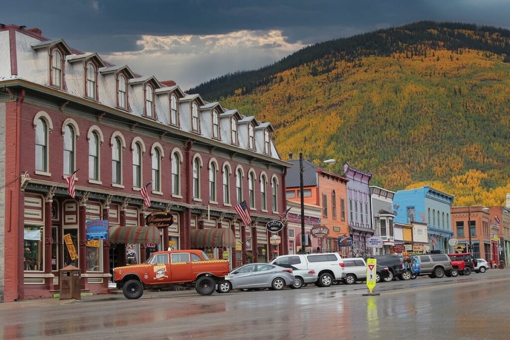 Historic downtown of Silverton near autumn mountain