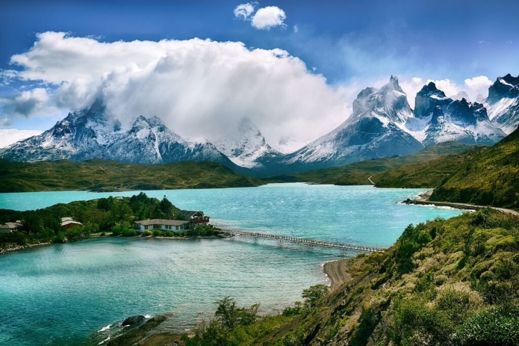 panoramic view of lakes, mountains, and island in Torres del Paine, Chilean Patagonia