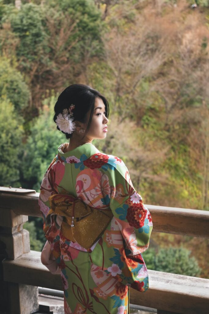 Girl in kimono in Kiyomizu-dera, Kyoto, Japan