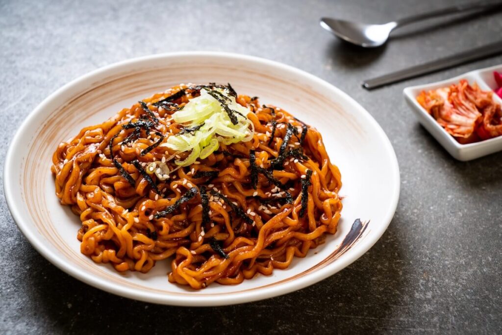spicy instant noodles in plate