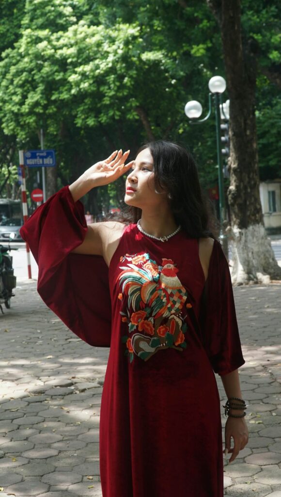 Vietnamese woman wearing embroidered dress