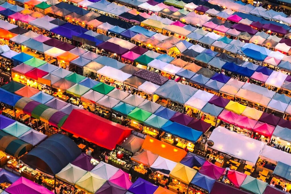aerial view of night market in Bangkok