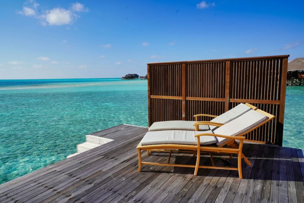 lounge chairs in a resort in the Maldives