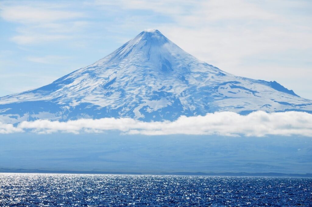 panoramic view of Shishaldin Volcano in Alaska