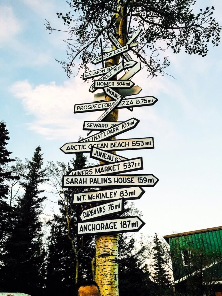 various signages pointing to different places in Alaska