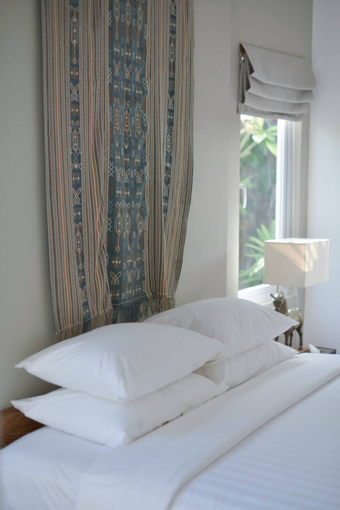 hotel room decorated with an Ikat weave cloth