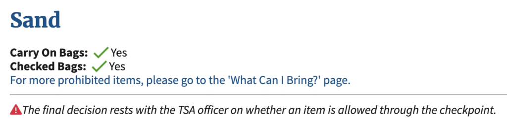 rules on bringing sand as per TSA