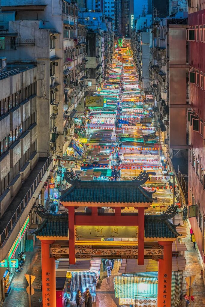 aerial night view of Temple Street Night Market in Hong Kong