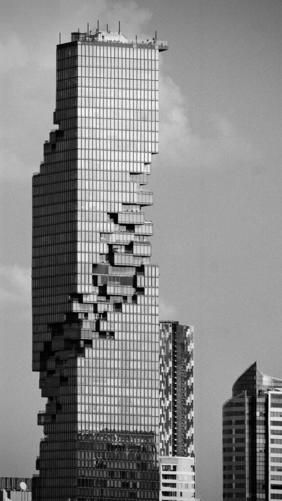 black and white photo of the King Power Mahanakhon skyscraper