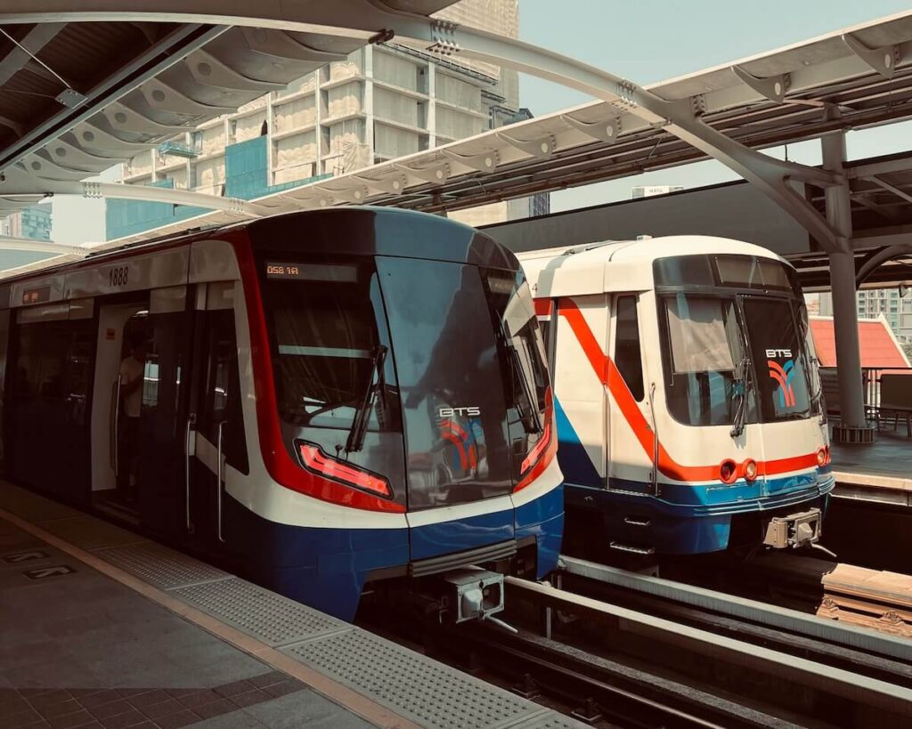 two BTS skytrains in Bangkok