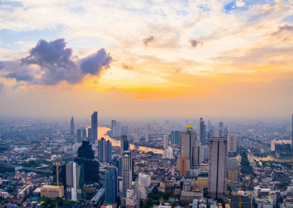 aerial and panoramic view of Bangkok cityscape